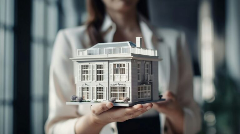Miniature house held in a woman's hands - real estate
